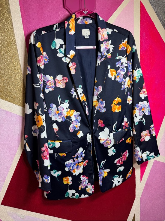 And The Why Tops - And The Why Navy Floral Satin Open Front Blazer Jacket Multicolor Print Size S